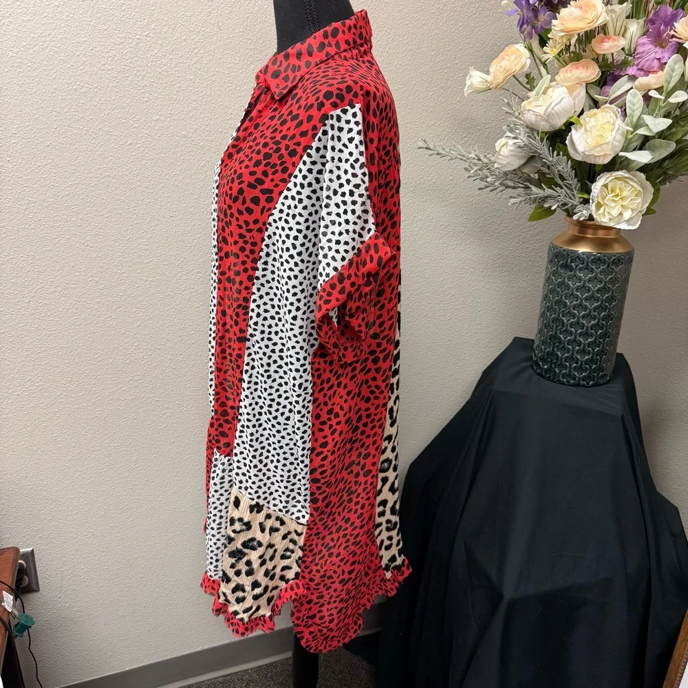 Umgee USA 1XL Leopard Print Colorblock Shirt Dress Red Tan Black White Boho - Picture 3 of 8